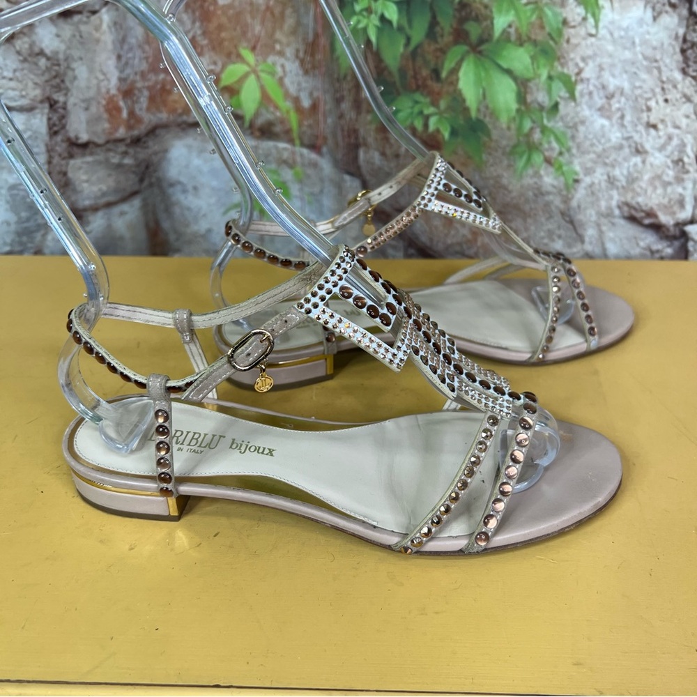 LORIBLU BIJOUX Luxury Tan and Gold Embellished Leather Italian Sandals, 39 - Picture 7 of 15